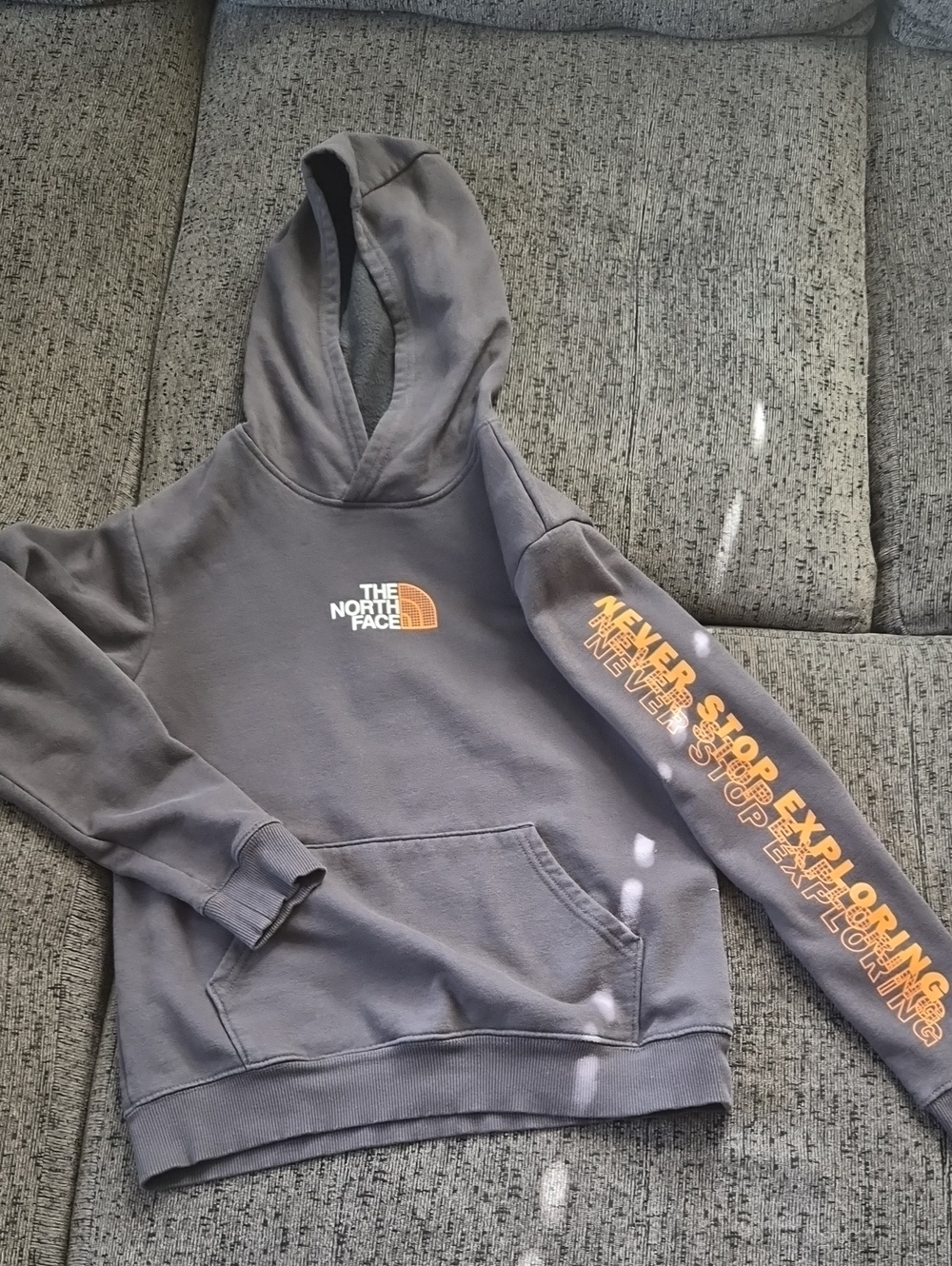 The North Face Kid's Gray Crewneck Hoodie with Orange Logo and Sleeve Script